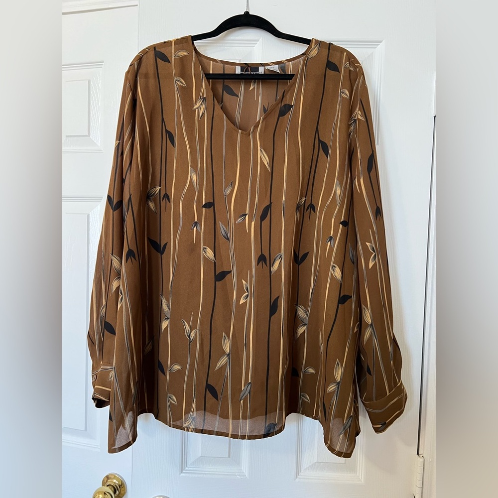 Maggie Barnes Womens Top Sheer Long Sleeve V Neck Fall Brown Plus Size 24W